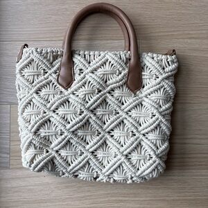 Woven Macramé Tote with Brown Handles
